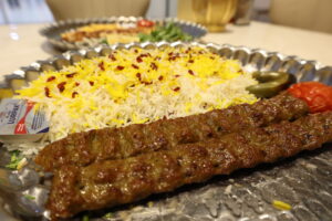 Kabab koobideh with rice at Najmat Kabab, best Persian restaurant in Dubai
