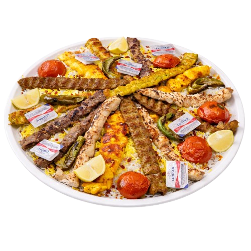 Mixed grill with rice for six people at Najmat Kabab, best Persian restaurant in Dubai