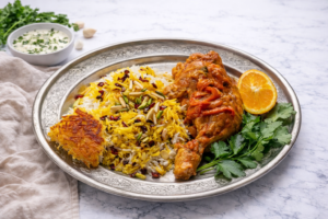 Barberry rice with saffron chicken at Najmat Kabab, best Persian restaurant in Dubai
