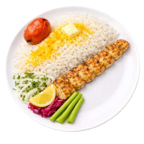 Saffron chicken tikka with rice at Najmat Kabab, best Persian restaurant in Dubai