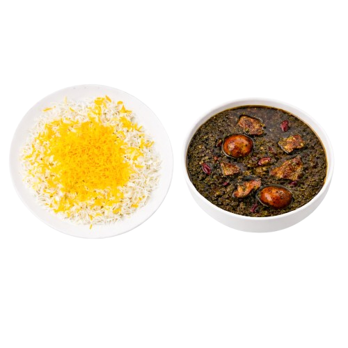 Qormeh Sabzi with rice at Najmat Kabab, best Persian restaurant in Dubai serving authentic Iranian food