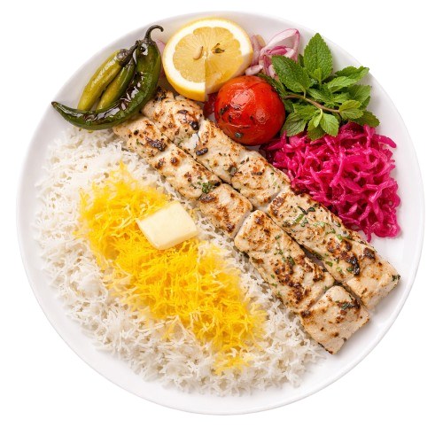 Yoghurt chicken tikka with rice at Najmat Kabab, best Persian restaurant in Dubai serving authentic Iranian food