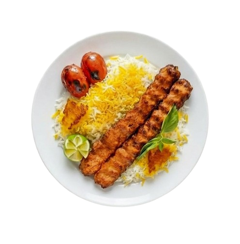 Chicken kebab with rice at Najmat Kabab, best Persian restaurant in Dubai serving authentic Iranian food