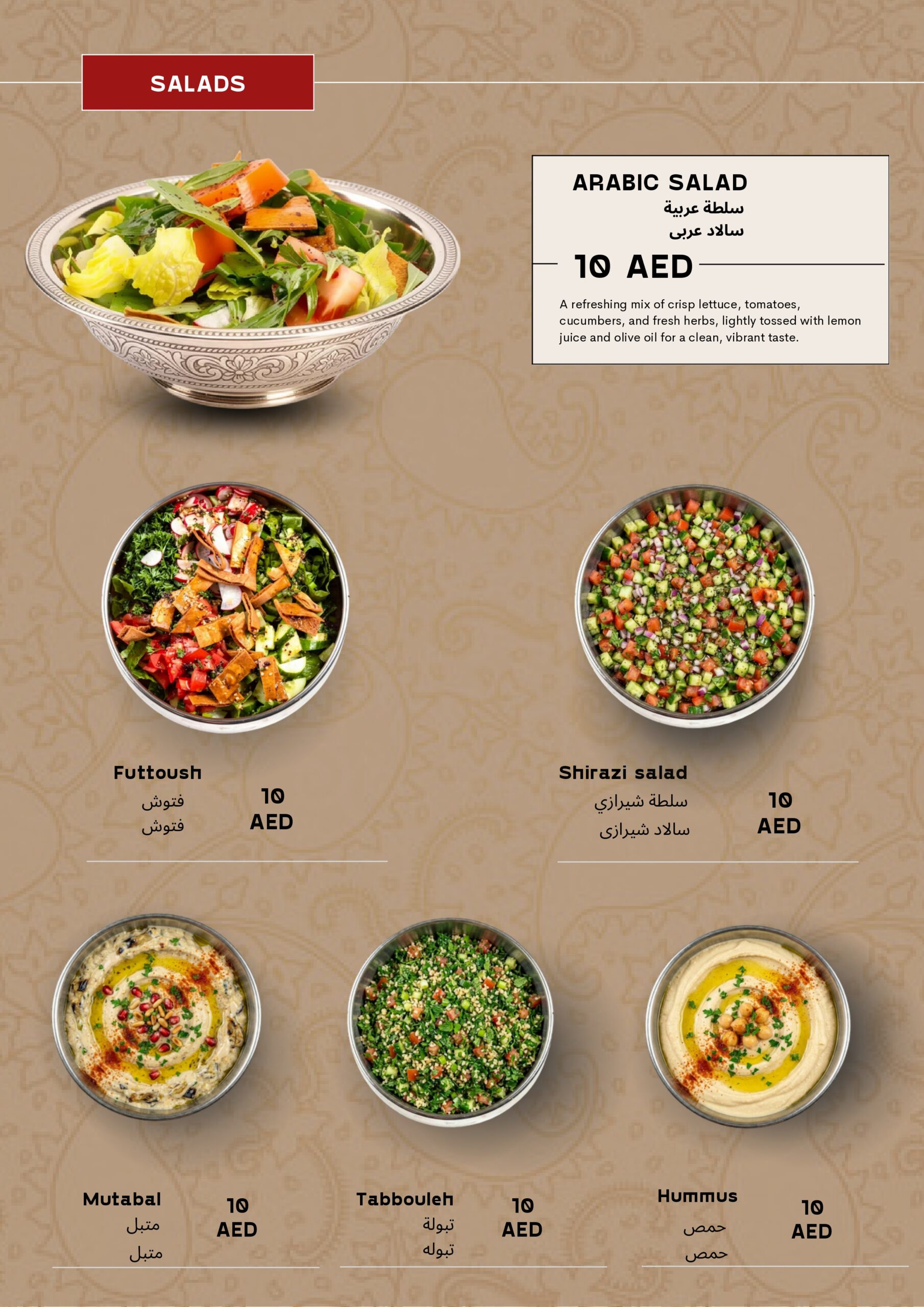 Fresh salad dishes at Najmat Kabab featuring authentic Iranian food and Persian food in Dubai